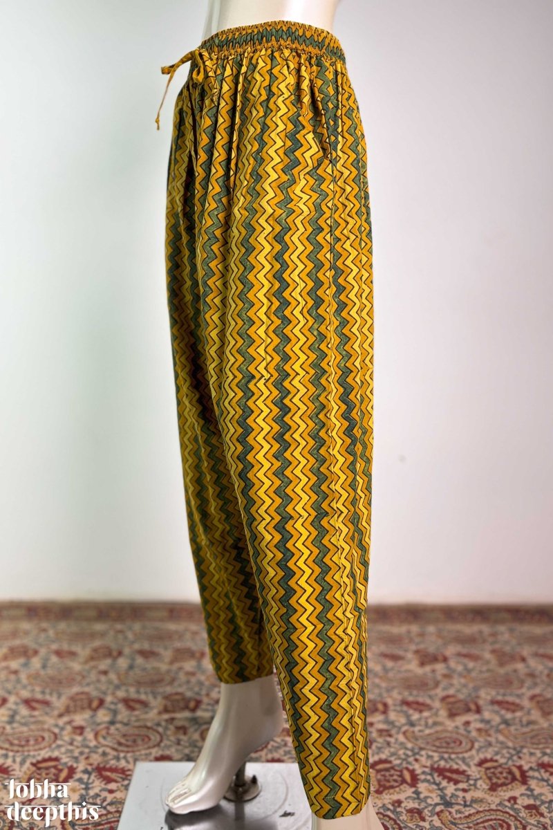 Turmeric & Green Zig Zag Stripes Ajrakh Straight Pants - Lobha Deepthis