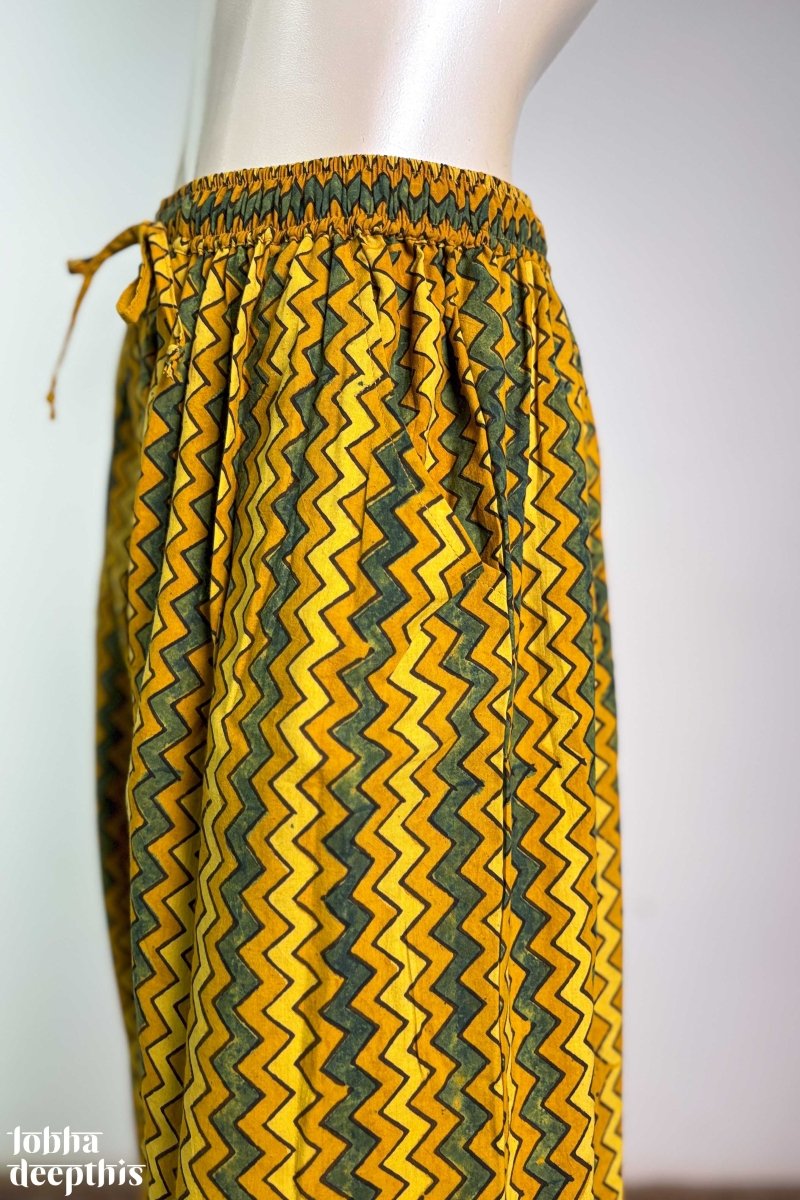 Turmeric & Green Zig Zag Stripes Ajrakh Straight Pants - Lobha Deepthis