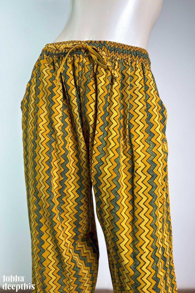 Turmeric & Green Zig Zag Stripes Ajrakh Straight Pants - Lobha Deepthis