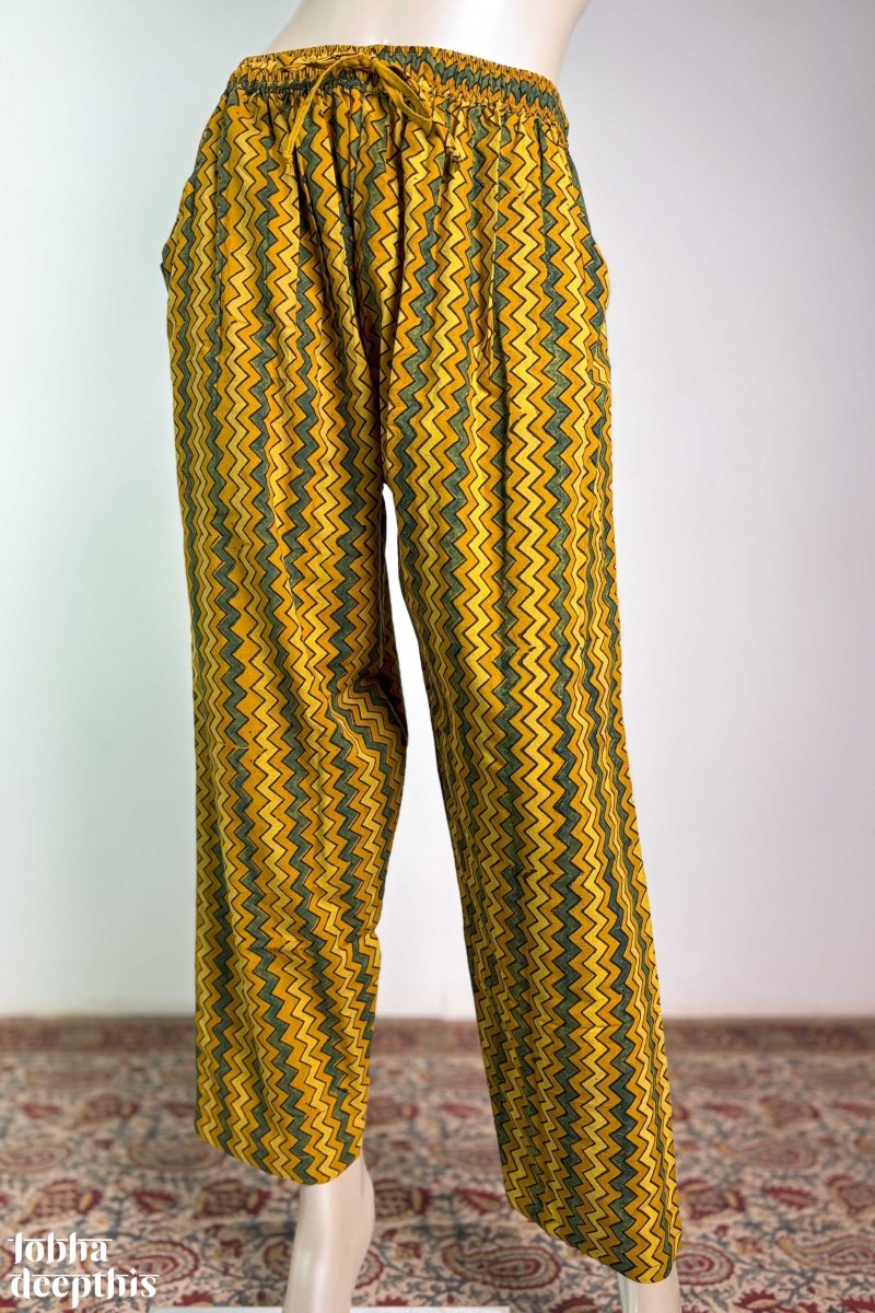 Turmeric & Green Zig Zag Stripes Ajrakh Straight Pants - Lobha Deepthis