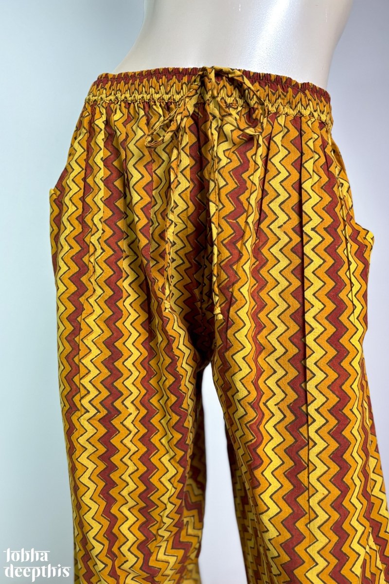 Turmeric & Green Zig Zag Stripes Straight Pants - Lobha Deepthis