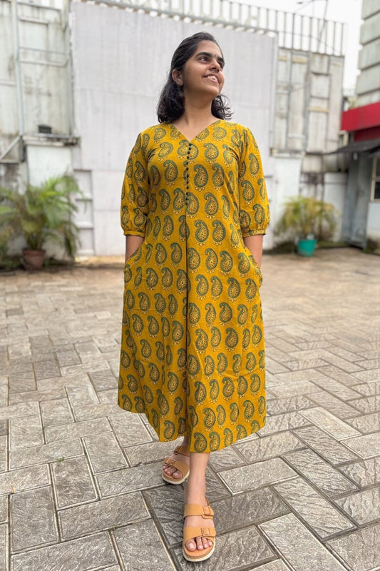 Turmeric Paisley Ajrakh Box Pleated Dress - Lobha Deepthis