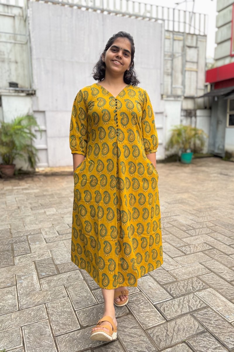 Turmeric Paisley Ajrakh Box Pleated Dress - Lobha Deepthis