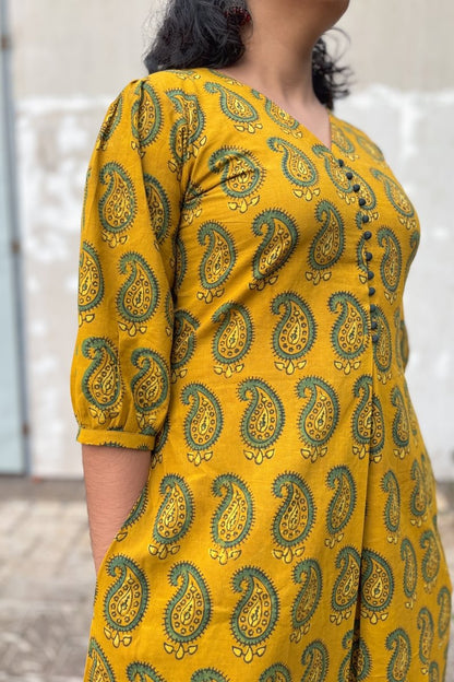 Turmeric Paisley Ajrakh Box Pleated Dress - Lobha Deepthis