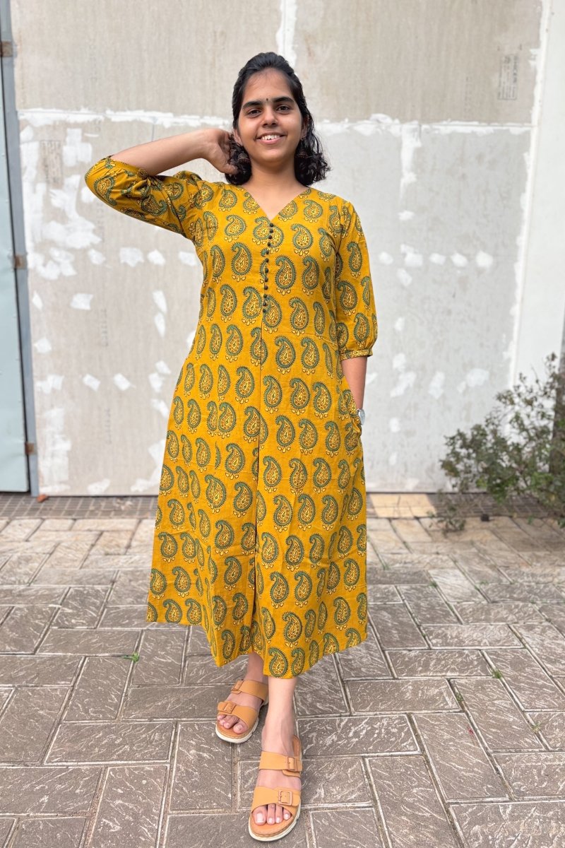 Turmeric Paisley Ajrakh Box Pleated Dress - Lobha Deepthis