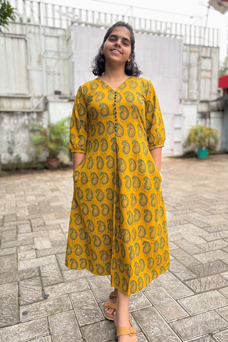 Turmeric Paisley Ajrakh Box Pleated Dress - Lobha Deepthis