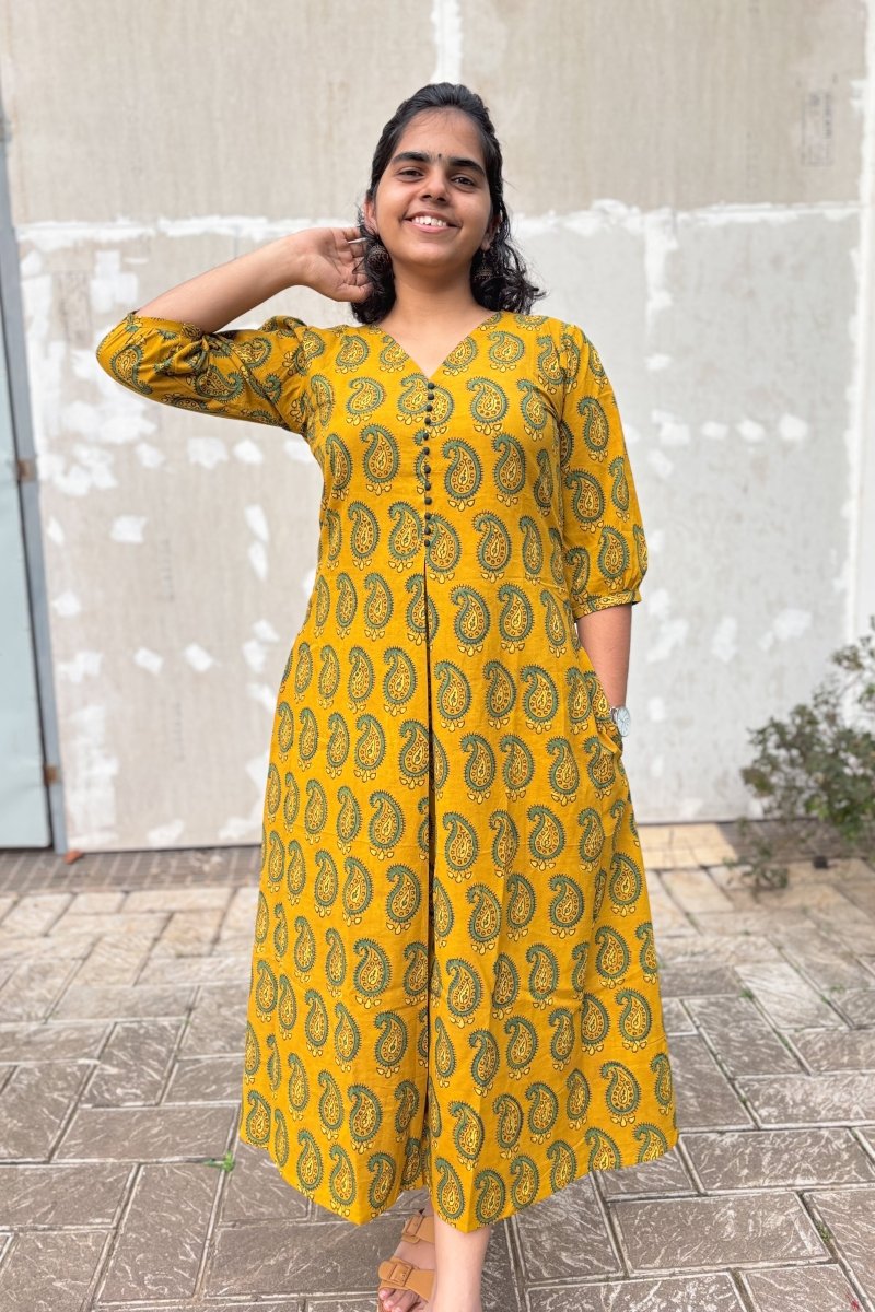 Turmeric Paisley Ajrakh Box Pleated Dress - Lobha Deepthis