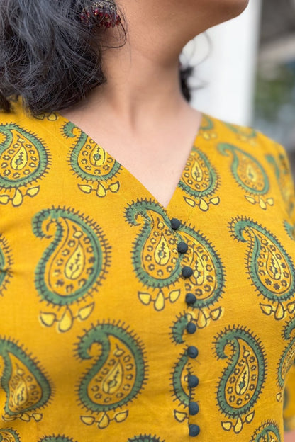 Turmeric Paisley Ajrakh Box Pleated Dress - Lobha Deepthis