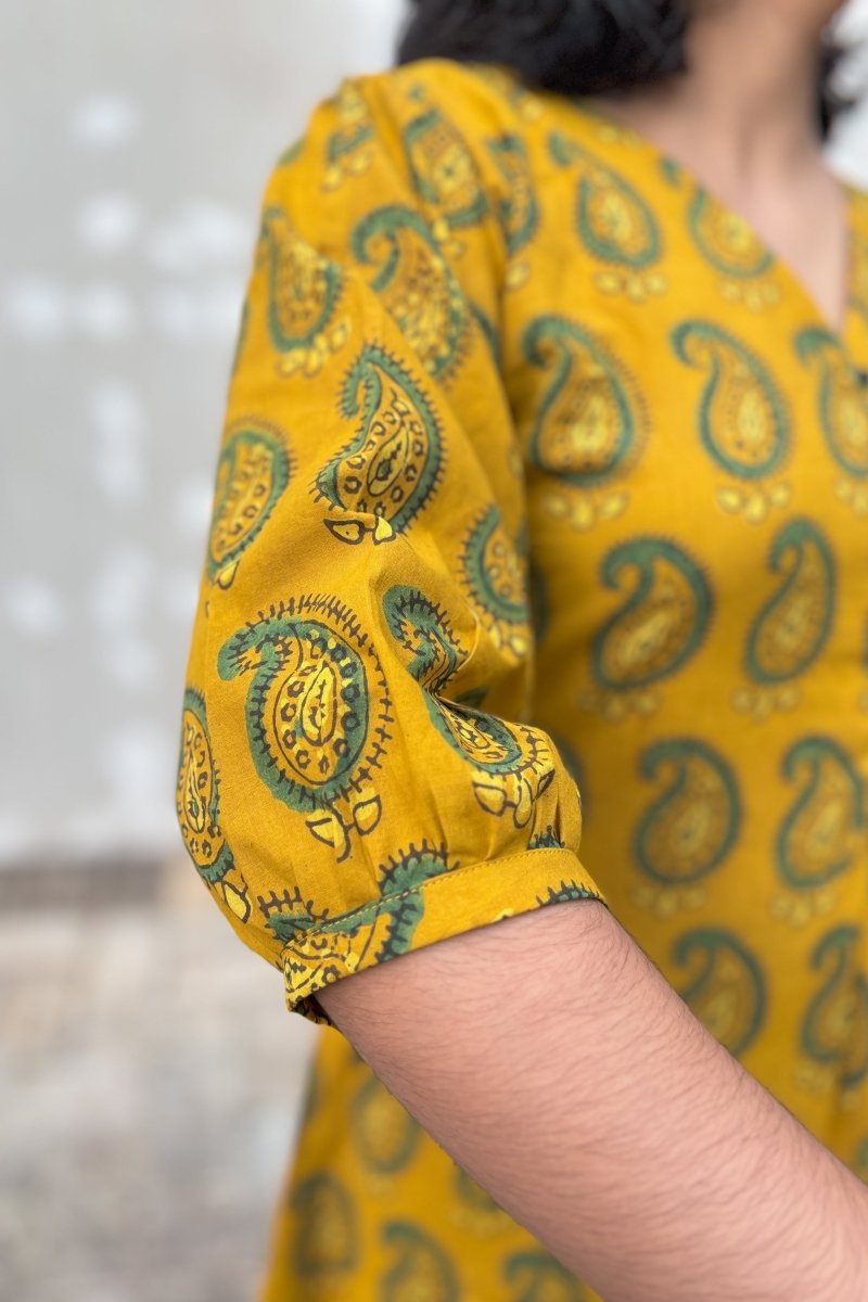 Turmeric Paisley Ajrakh Box Pleated Dress - Lobha Deepthis