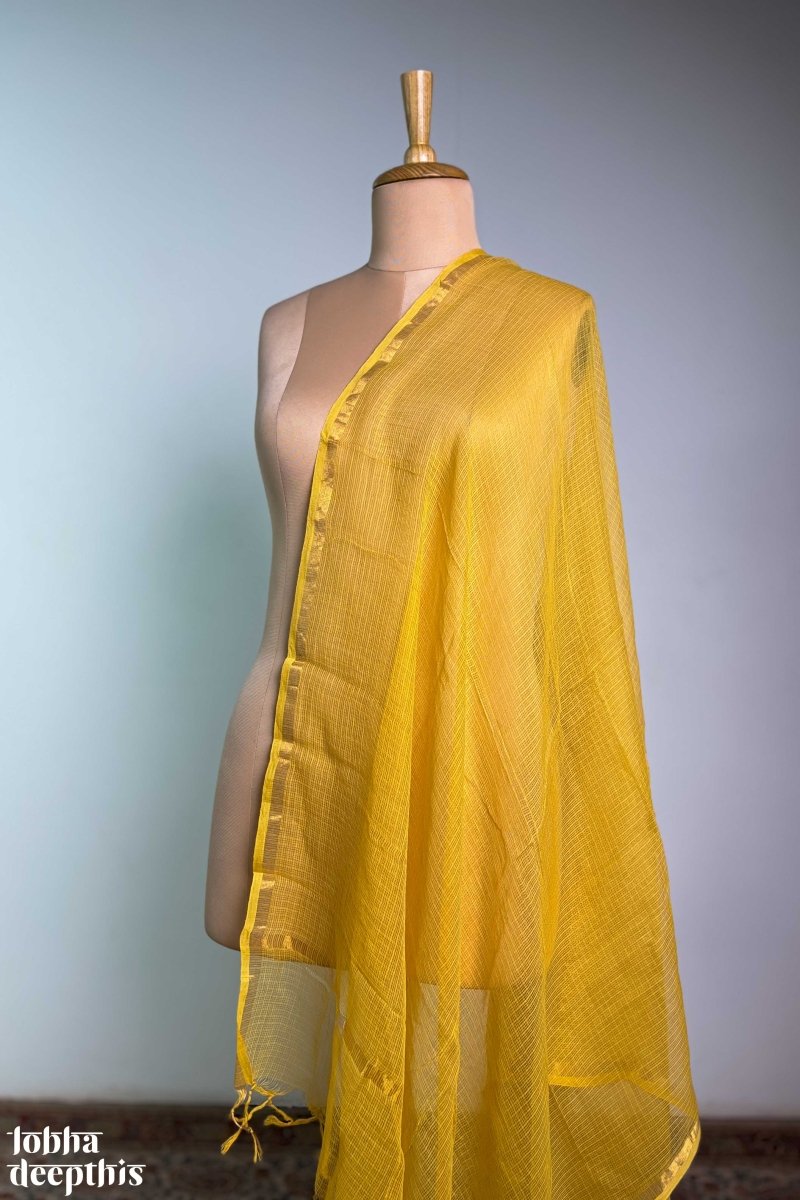 Turmeric Yellow Plain Kota Doria Dupatta - Lobha Deepthis