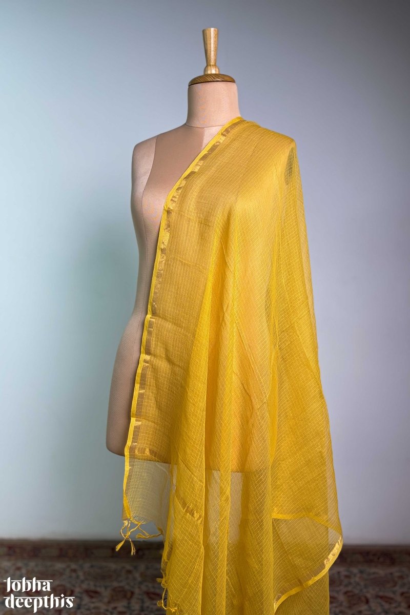 Turmeric Yellow Plain Kota Doria Dupatta - Lobha Deepthis