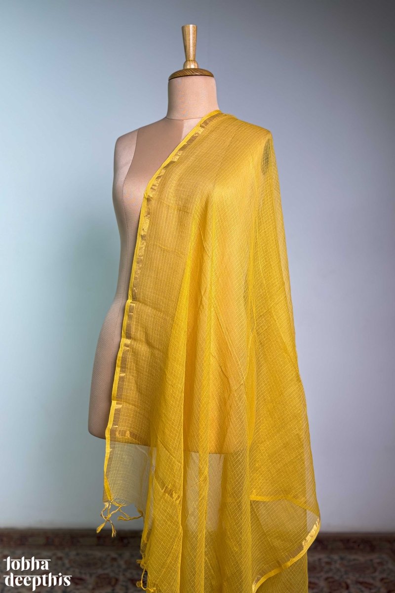 Turmeric Yellow Plain Kota Doria Dupatta - Lobha Deepthis