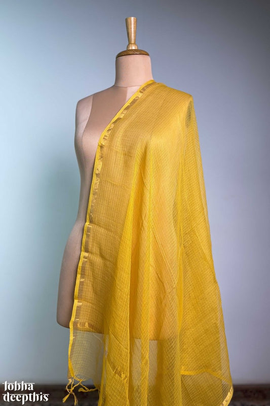 Turmeric Yellow Plain Kota Doria Dupatta - Lobha Deepthis