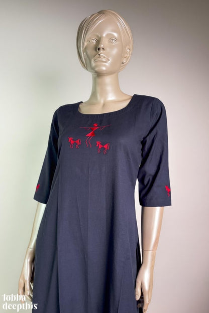 Warli on Navy Cotton Flax Kurta - Lobha Deepthis