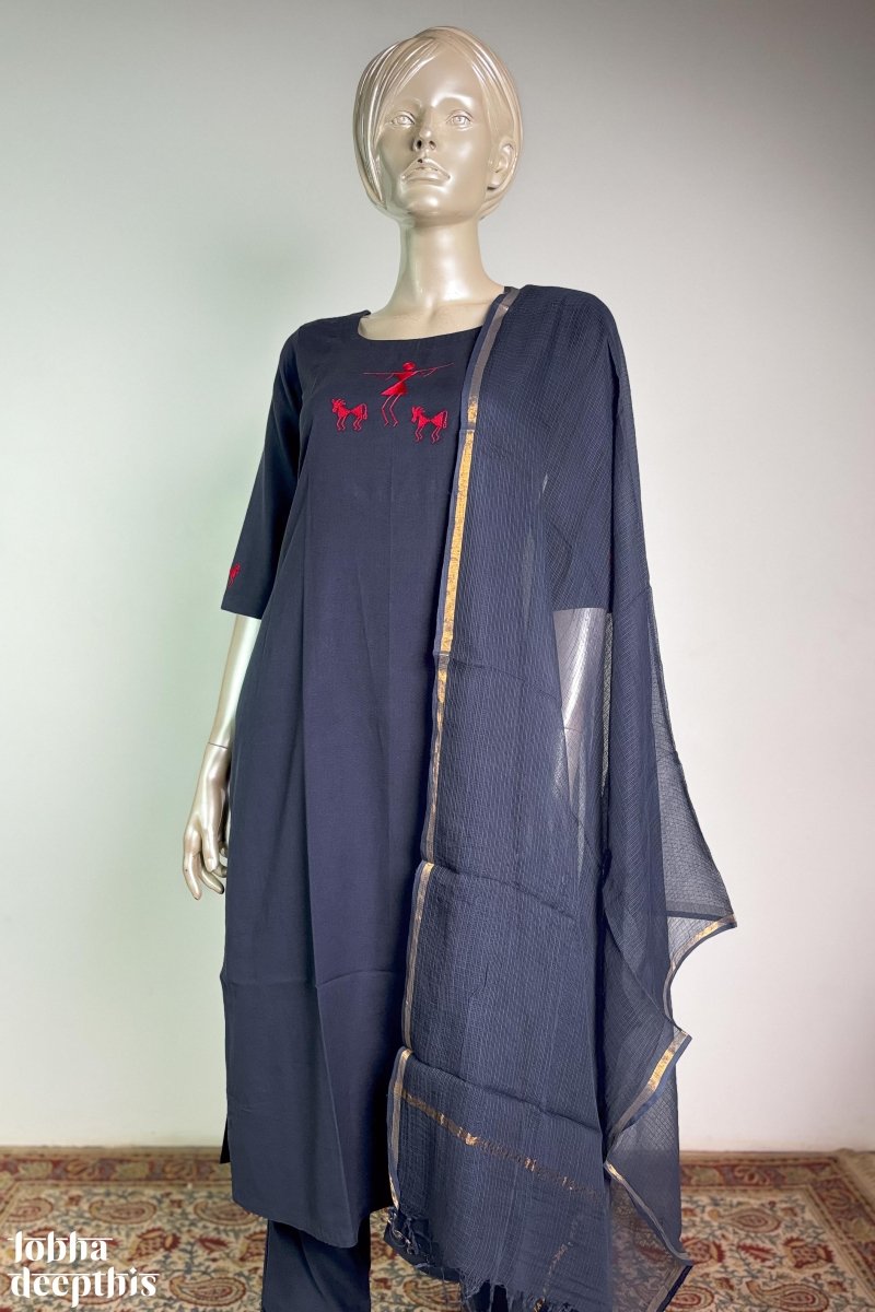 Warli on Navy Cotton Flax Kurta - Lobha Deepthis