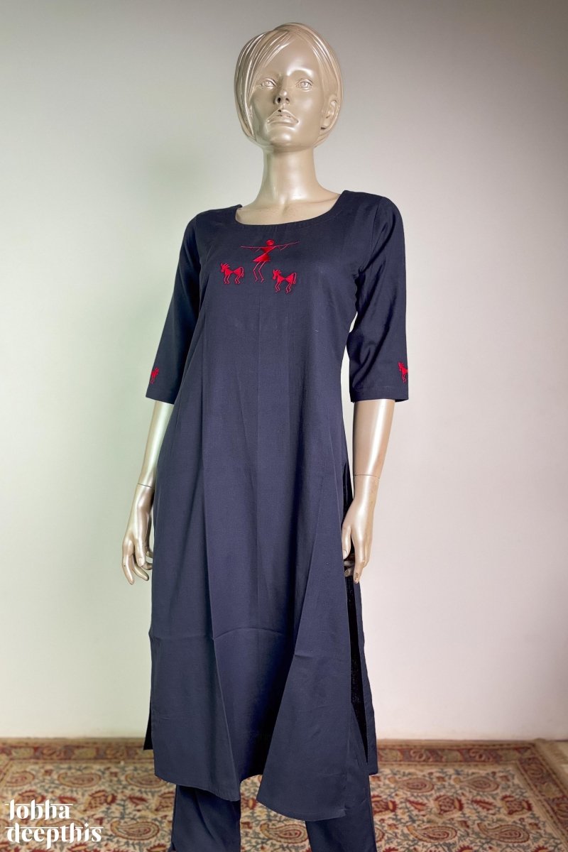 Warli on Navy Cotton Flax Kurta - Lobha Deepthis