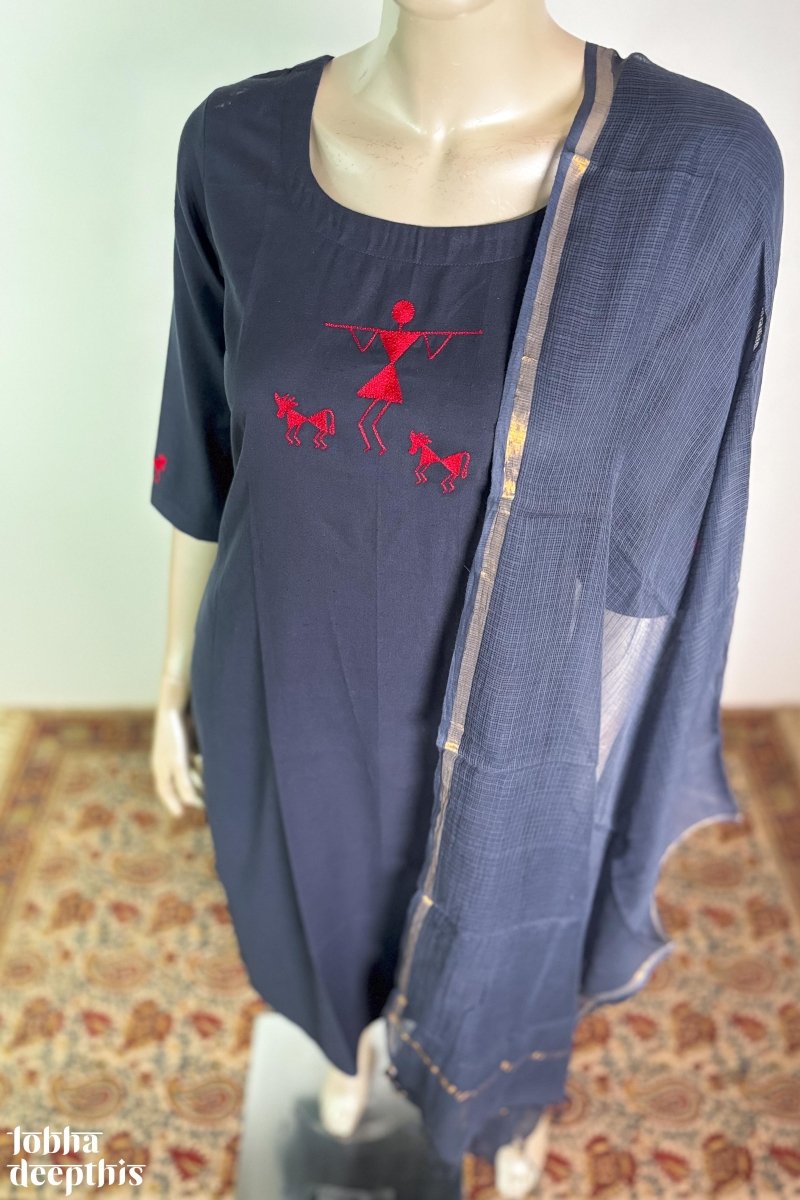 Warli on Navy Cotton Flax Kurta - Lobha Deepthis