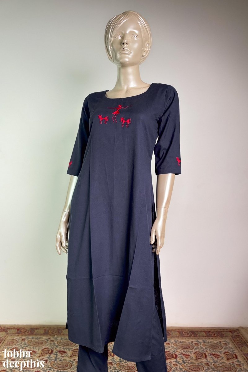 Warli on Navy Cotton Flax Kurta - Lobha Deepthis