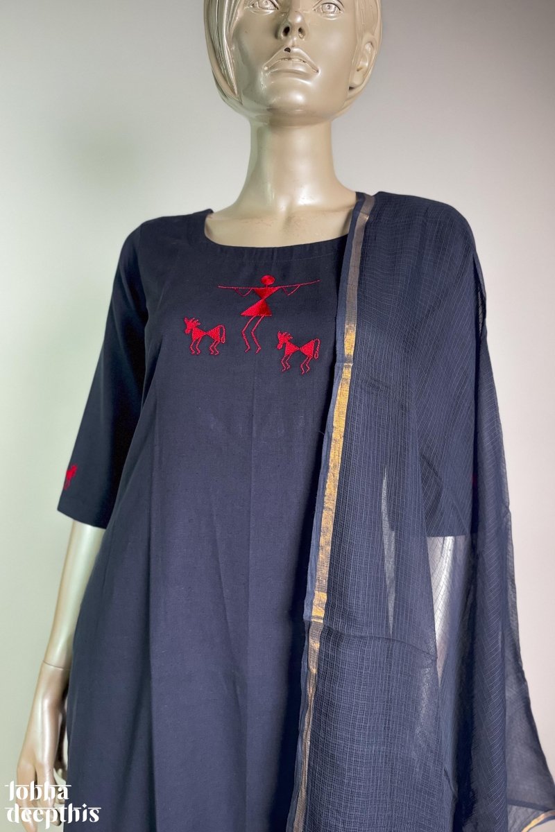 Warli on Navy Cotton Flax Kurta - Lobha Deepthis