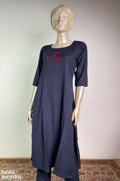 Warli on Navy Cotton Flax Kurta - Lobha Deepthis