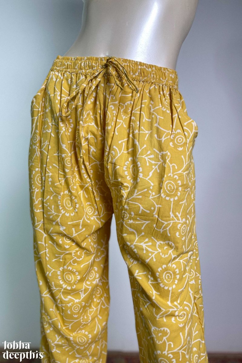 White on Yellow Sanganeri Cotton Straight Pants - Lobha Deepthis