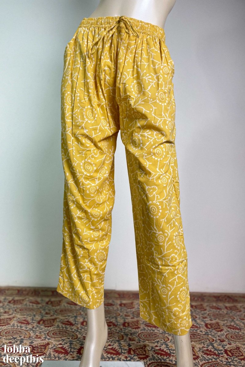 White on Yellow Sanganeri Cotton Straight Pants - Lobha Deepthis