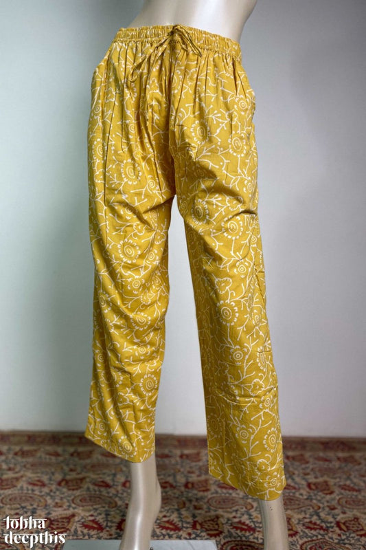 White on Yellow Sanganeri Cotton Straight Pants - Lobha Deepthis