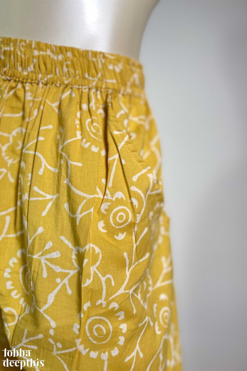 White on Yellow Sanganeri Cotton Straight Pants - Lobha Deepthis