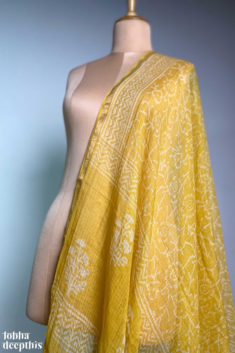 White on Yellow Sanganeri Kota Doria Dupatta - Lobha Deepthis