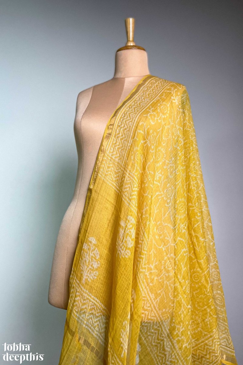 White on Yellow Sanganeri Kota Doria Dupatta - Lobha Deepthis