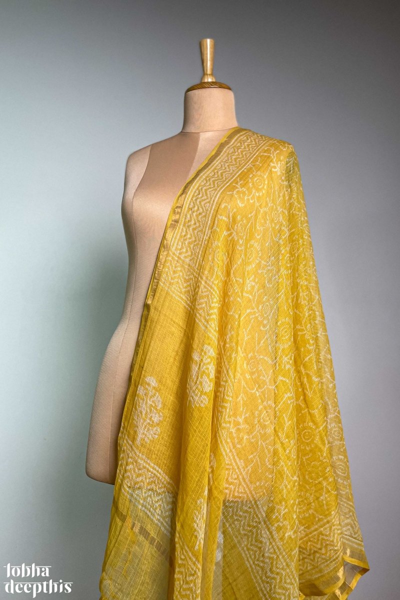 White on Yellow Sanganeri Kota Doria Dupatta - Lobha Deepthis