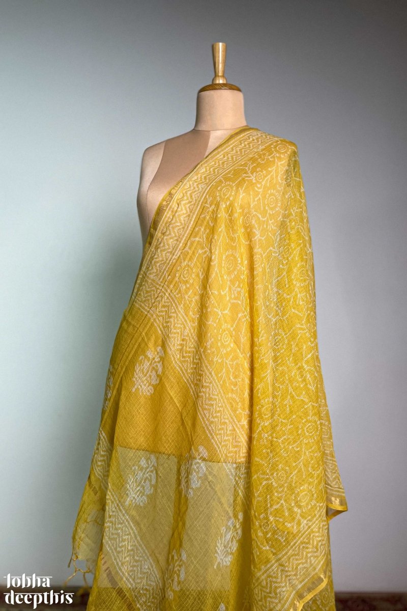 White on Yellow Sanganeri Kota Doria Dupatta - Lobha Deepthis