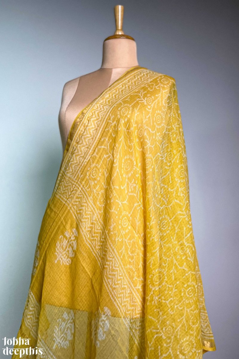 White on Yellow Sanganeri Kota Doria Dupatta - Lobha Deepthis