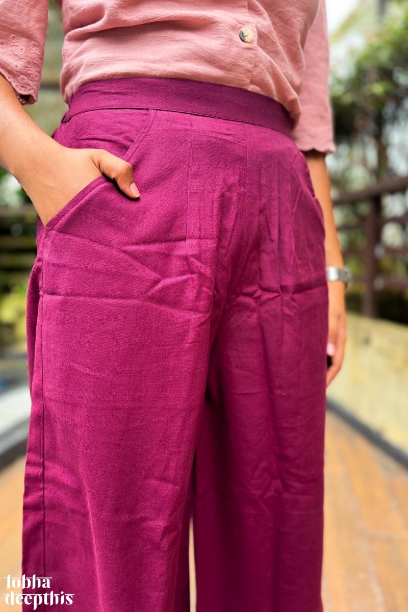 Wine Cotton Flax Parallel Pants - Lobha Deepthis