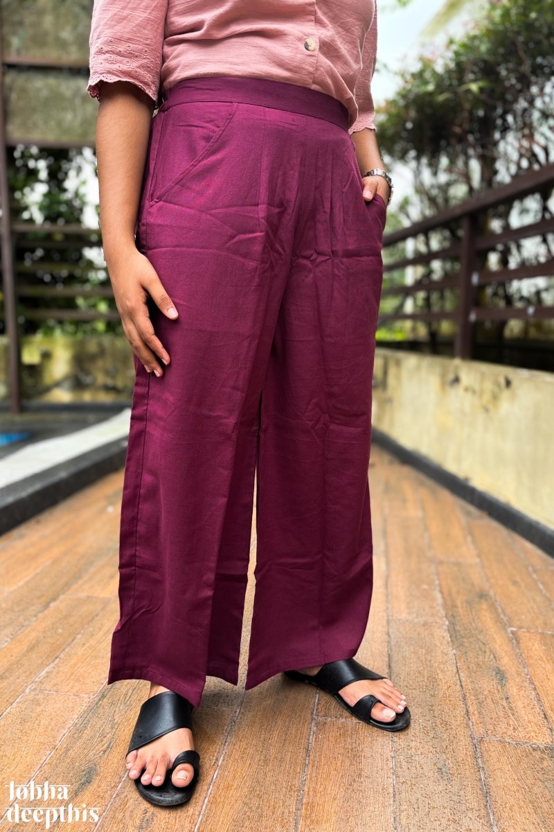 Wine Cotton Flax Parallel Pants - Lobha Deepthis