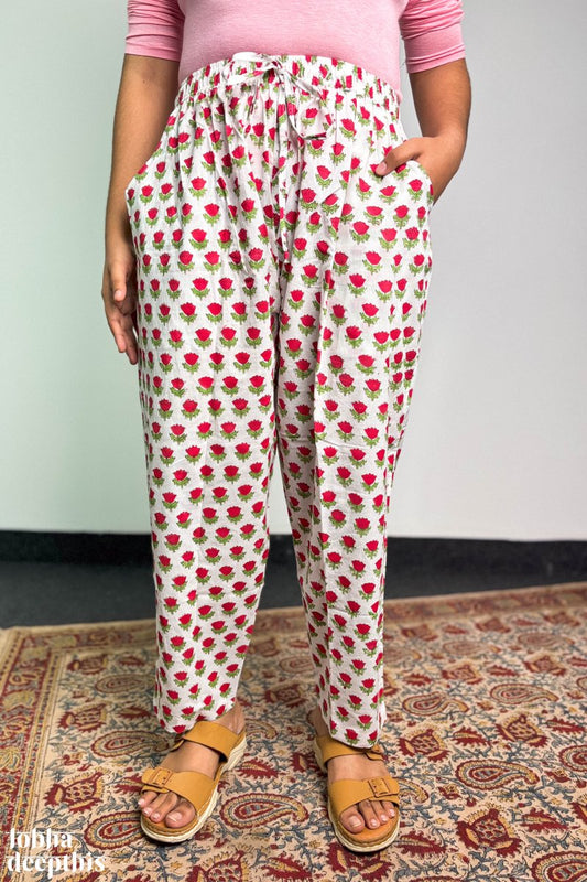 Winter Lilies Sanganeri Florals Straight Pants - Lobha Deepthis