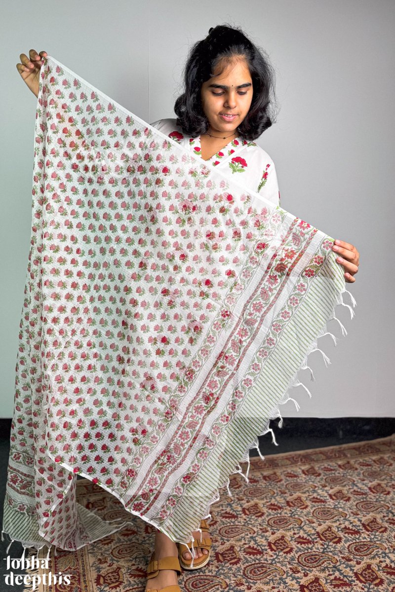 Winter Lilies Sanganeri Kota Doria Dupatta - Lobha Deepthis