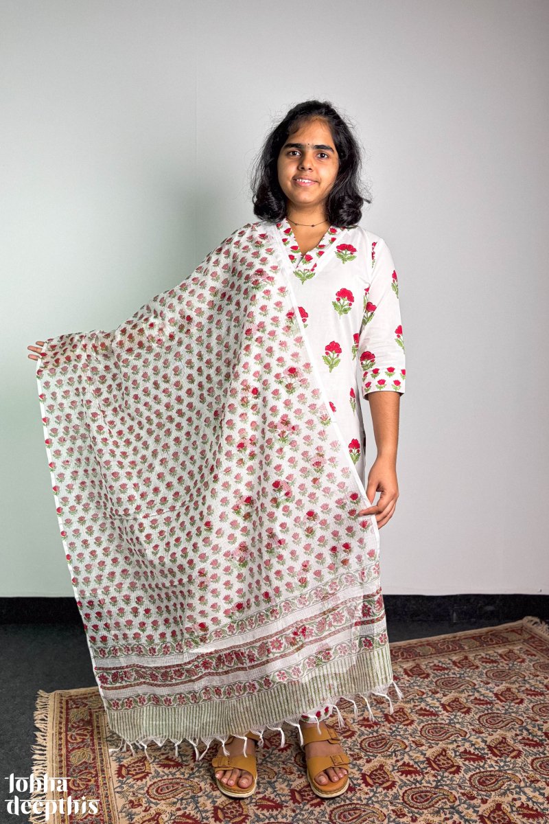 Winter Lilies Sanganeri Kota Doria Dupatta - Lobha Deepthis