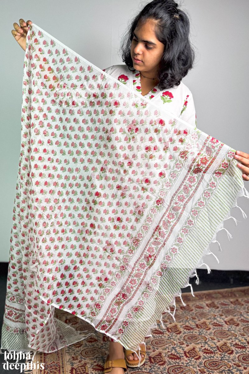 Winter Lilies Sanganeri Kota Doria Dupatta - Lobha Deepthis