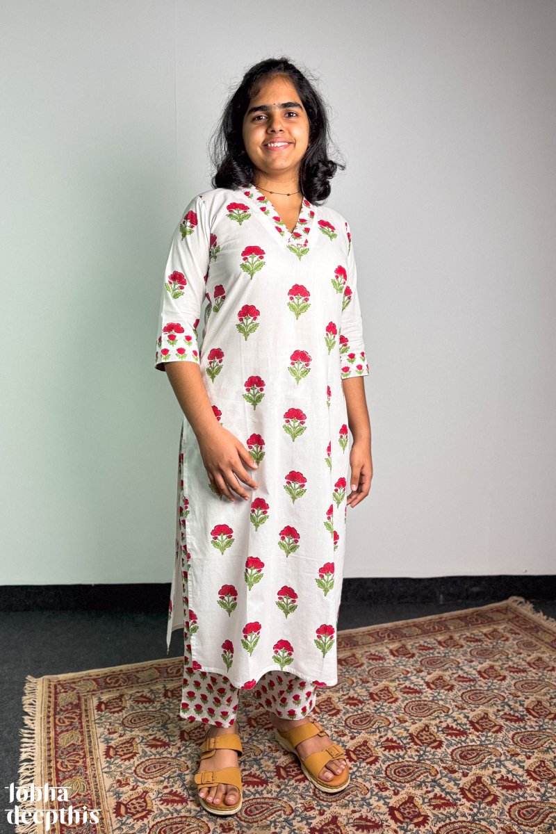 Winter Lilies Sanganeri Straight Kurta - Lobha Deepthis