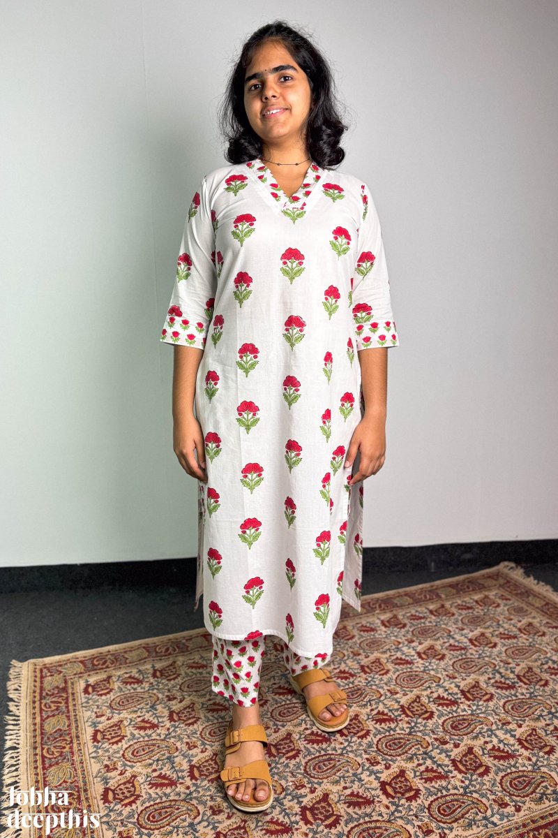 Winter Lilies Sanganeri Straight Kurta - Lobha Deepthis