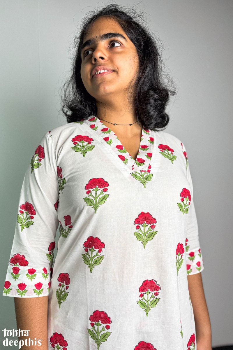 Winter Lilies Sanganeri Straight Kurta - Lobha Deepthis