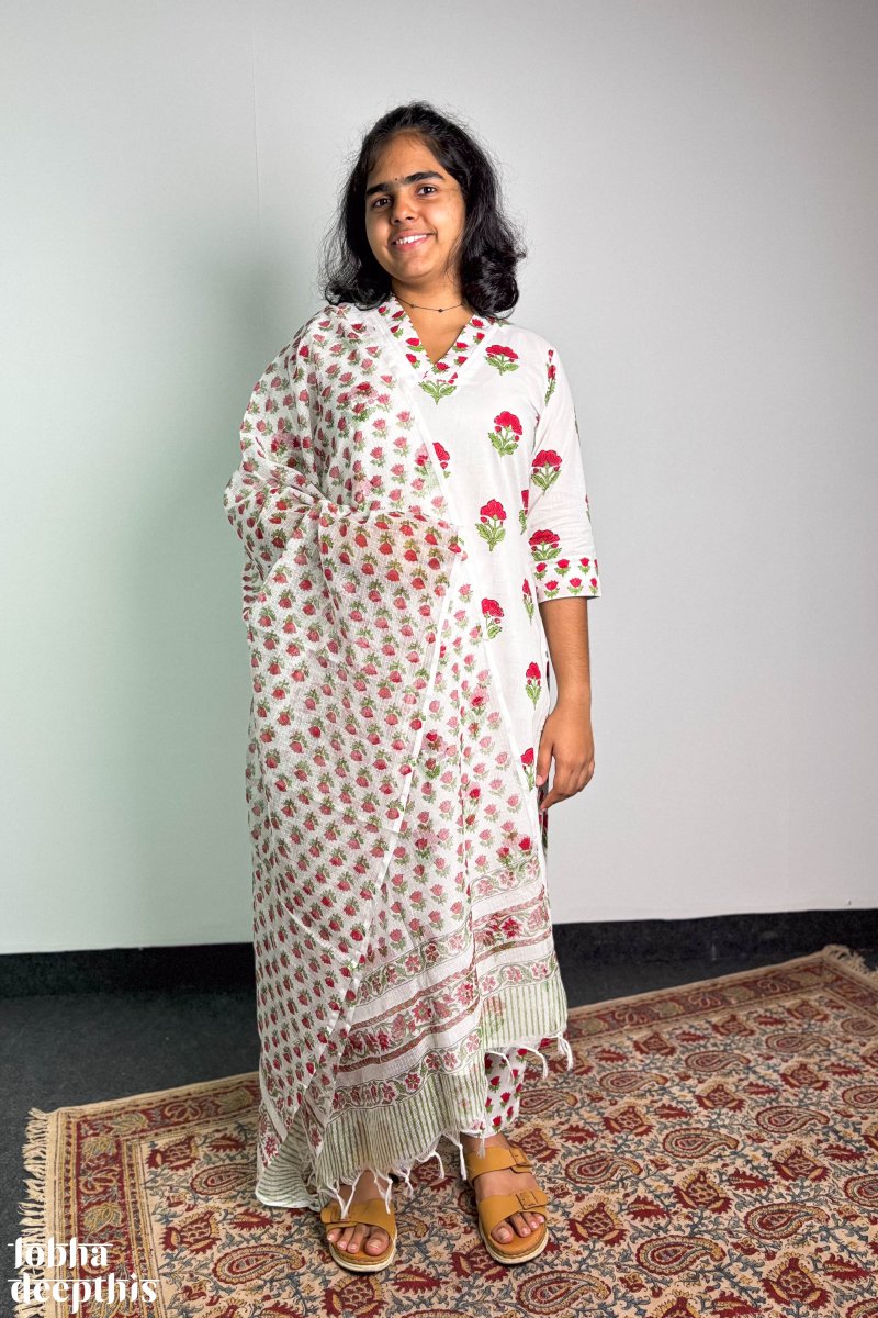 Winter Lilies Sanganeri Straight Kurta - Lobha Deepthis