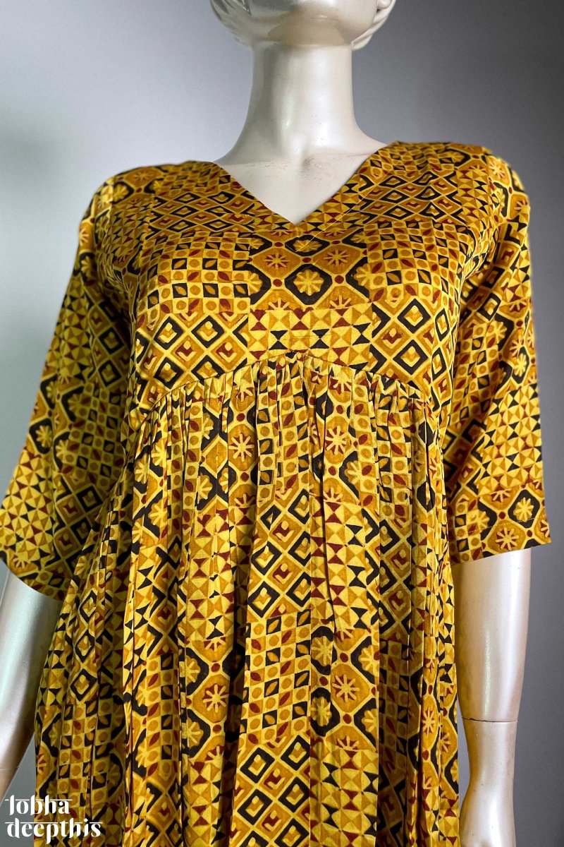 Yellow Ajrakh Mosaic Modal Alia Cut Dress - Lobha Deepthis