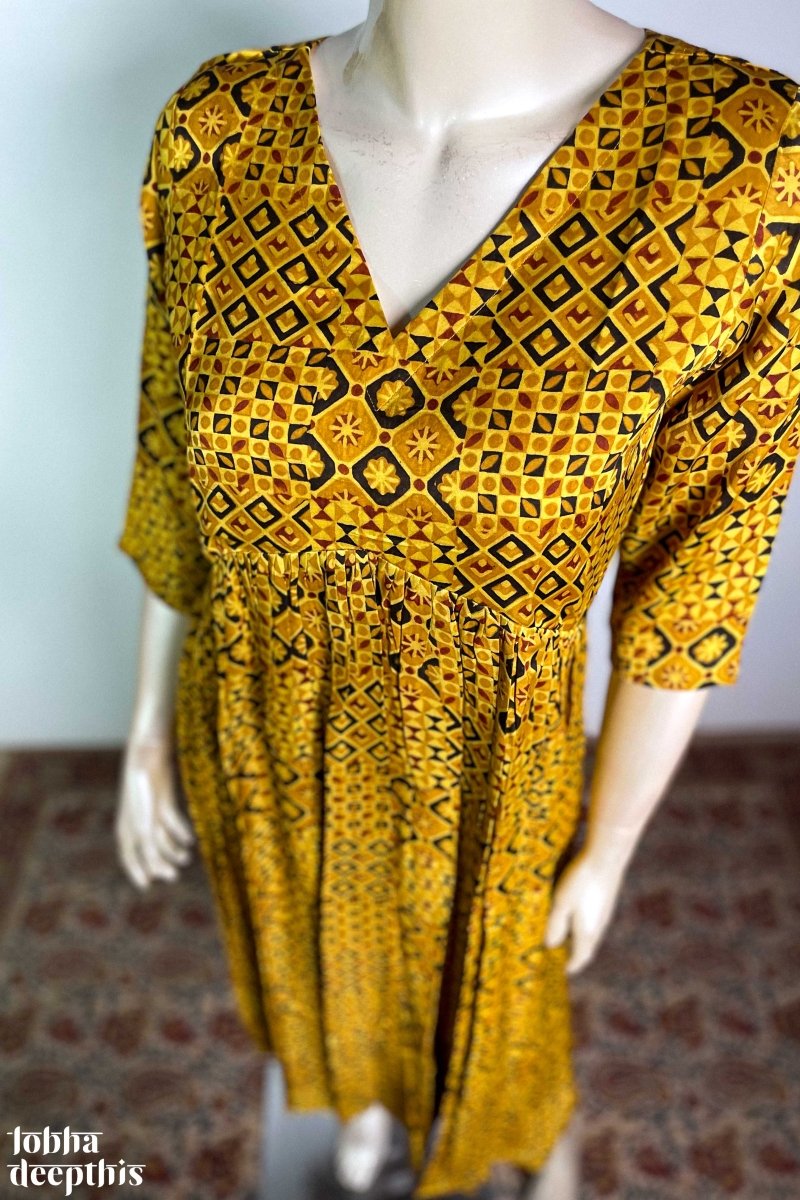 Yellow Ajrakh Mosaic Modal Alia Cut Dress - Lobha Deepthis