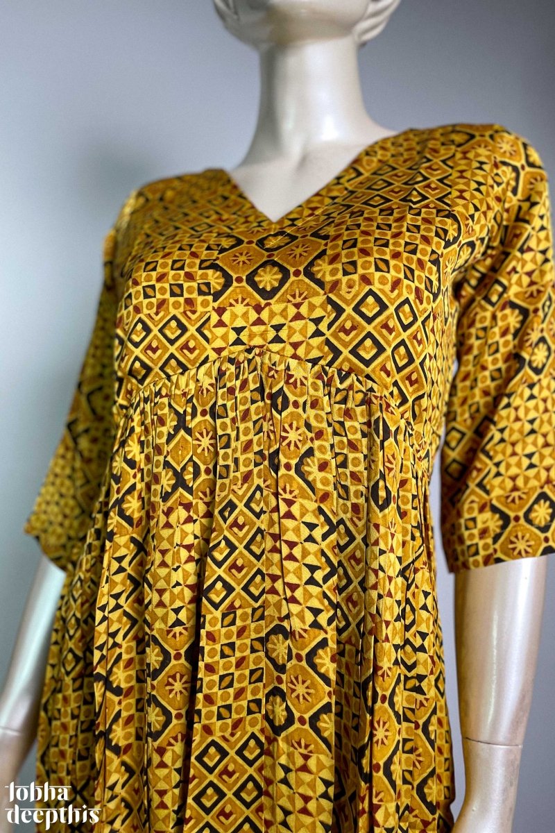 Yellow Ajrakh Mosaic Modal Alia Cut Dress - Lobha Deepthis