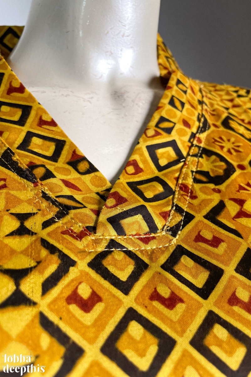 Yellow Ajrakh Mosaic Modal Collar Kurta - Lobha Deepthis