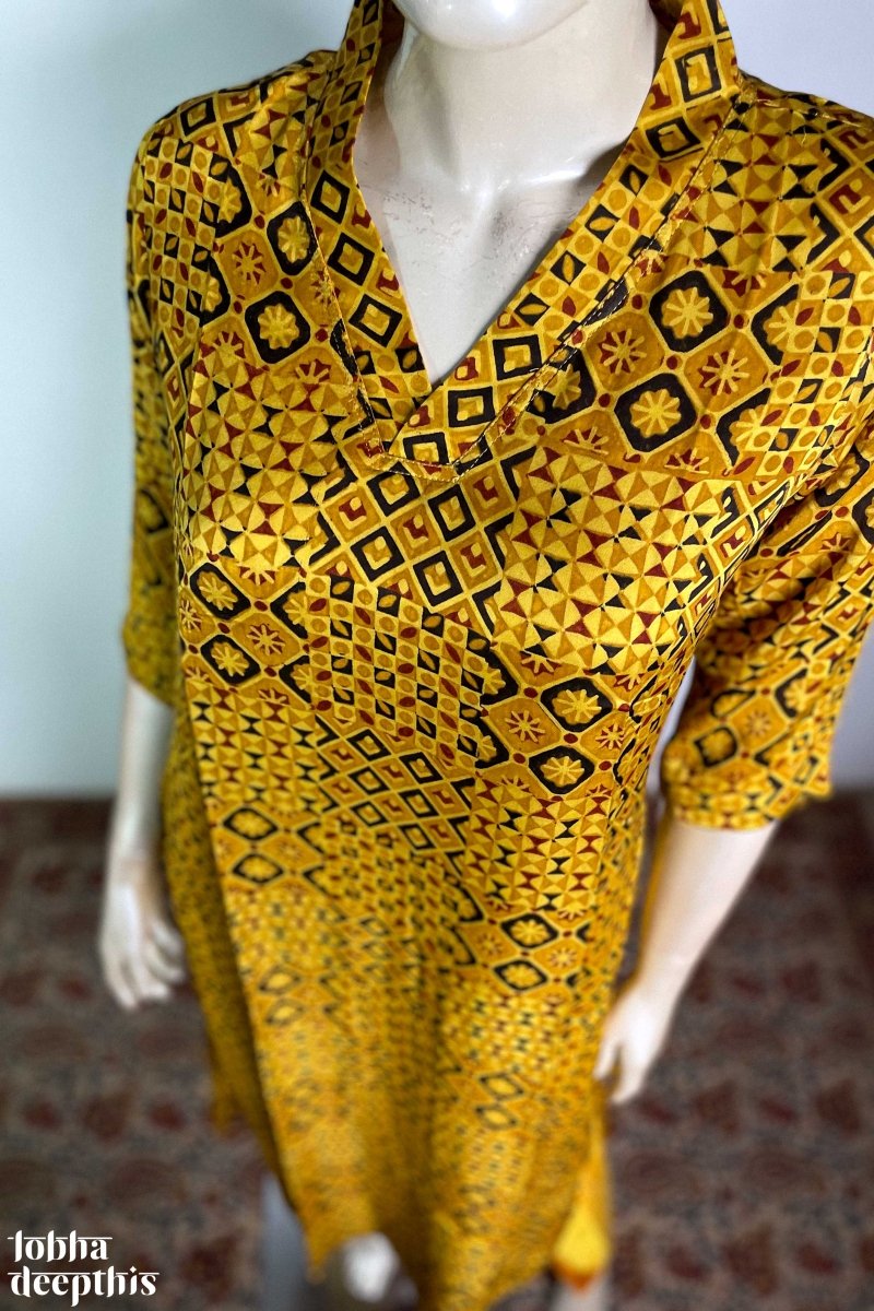 Yellow Ajrakh Mosaic Modal Collar Kurta - Lobha Deepthis