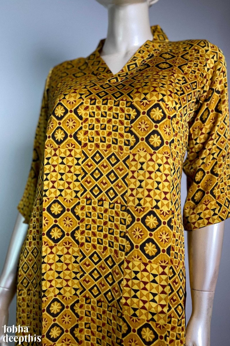 Yellow Ajrakh Mosaic Modal Collar Kurta - Lobha Deepthis