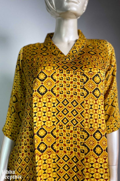 Yellow Ajrakh Mosaic Modal Collar Kurta - Lobha Deepthis